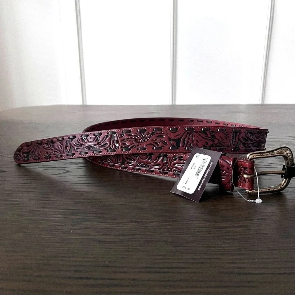 Patricia Nash Amelia Western Tooled Leather Belt Rich‎ Brown Size L NEW MSRP $79